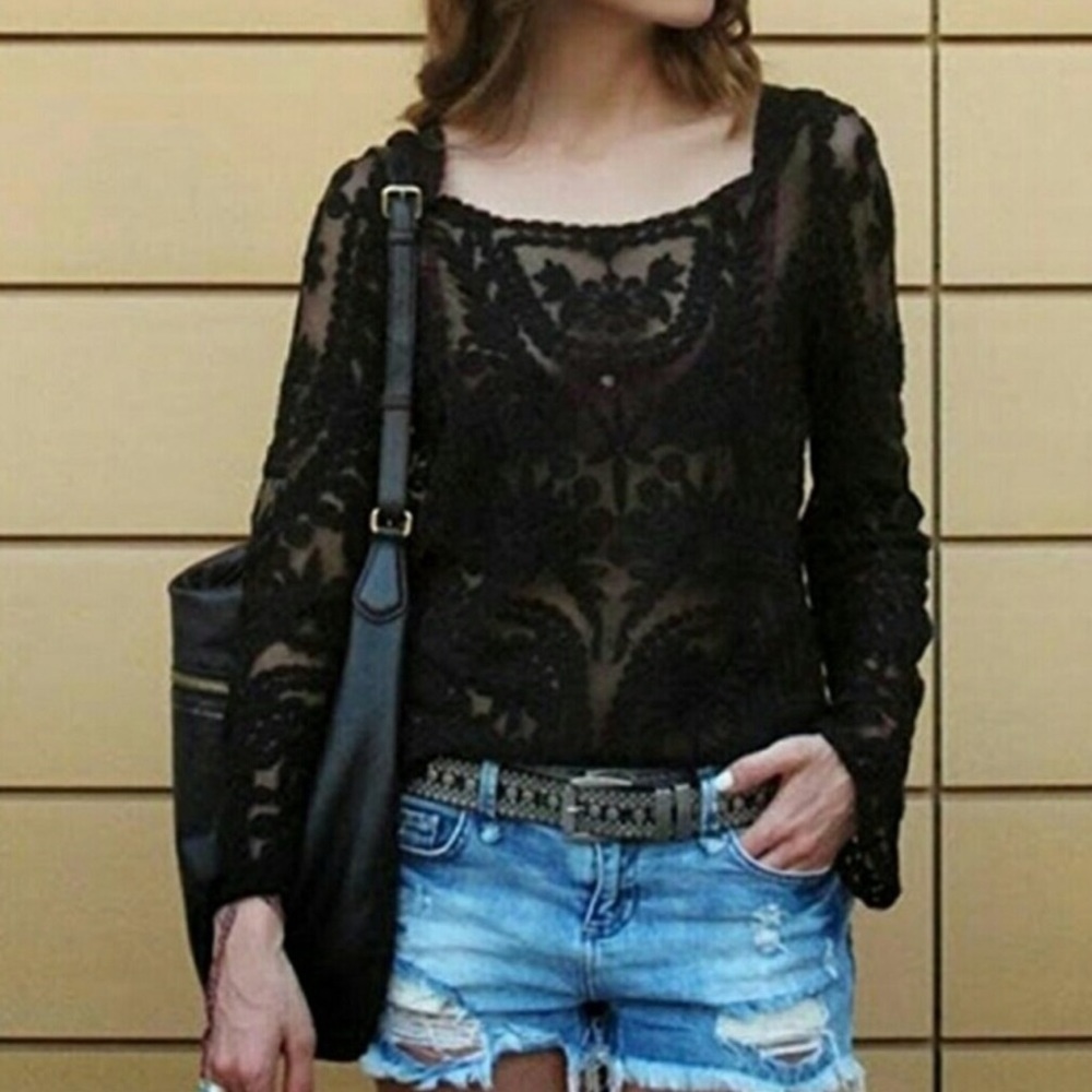 Black Crochet Lace Long Sleeve Top! NEW!